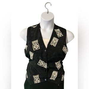 Vintage beaded tribal print black sz M button up tie back v neck waistcoat vest